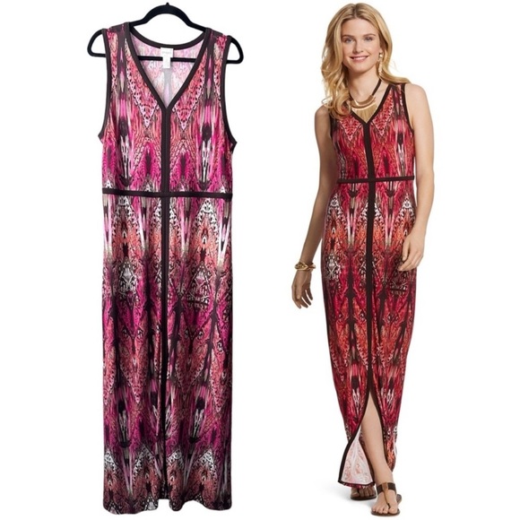 Chico's Maxi Dress Size 2Pink Brown Womens 12 Large Art Nouveau Butterfly Print - Picture 1 of 12